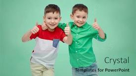  Presentation with friendship school - Presentation theme having childhood school education friendship and people concept - happy smiling little boys showing thumbs up over green school chalk board background background and a seafoam green colored foreground