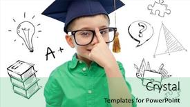  Presentation with knowledge - PPT theme featuring childhood school education knowledge and people concept - happy boy in bachelor hat or mortarboard and eyeglasses over doodles background and a seafoam green colored foreground