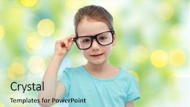  Presentation with summer school - Slide set featuring childhood school education vision and people concept - happy little girl in eyeglasses over summer green lights background background and a light blue colored foreground