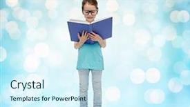  Presentation with school holidays - Amazing PPT theme having childhood school education vision and people concept - happy little girl in eyeglasses reading book over blue holidays lights background backdrop and a cool aqua colored foreground