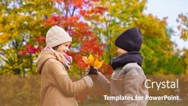  Presentation with maple - PPT layouts having childhood season and love concept - smiling little boy giving maple leaves to girl over autumn park background background and a coral colored foreground