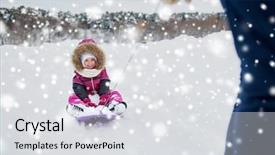  Presentation with childhood - Colorful slide set enhanced with childhood sledding leisure season and people concept - parent carrying happy little kid on sled in winter backdrop and a light gray colored foreground