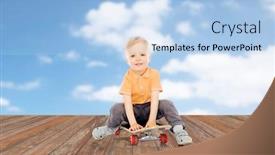  Presentation with sport blue - Cool new PPT layouts with childhood sport leisure and people concept - happy little boy sitting on skateboard over blue sky and clouds background backdrop and a light blue colored foreground