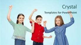  Presentation with childhood - Slides enhanced with childhood success gesture and people concept - happy smiling boy and girls raising fists and celebrating victory over blue background background and a cool aqua colored foreground