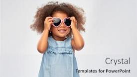  Presentation with valentines day - Beautiful slide set featuring childhood summer accessory and valentines day concept - happy little african american girl in heart shaped sunglasses over grey background backdrop and a sky blue colored foreground