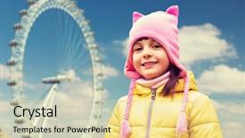  Presentation with tourism - Slides featuring childhood tourism travel vacation and people concept - happy beautiful little girl over london ferry wheel background background and a soft green colored foreground