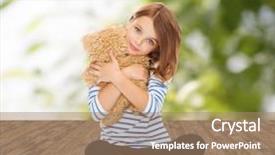  Presentation with greed - Presentation theme featuring childhood toys and people concept - cute little girl hugging teddy bear over greed background background and a coral colored foreground