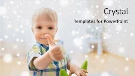  Presentation with baby toy - Colorful slide deck enhanced with childhood toys and people concept - happy little baby boy playing with ride-on toy horse and showing thumbs up at home over snow backdrop and a white colored foreground