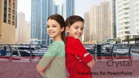  Presentation with dubai - Slides having childhood travel tourism and people concept - happy smiling boy and girl standing back to back over dubai city street background background and a crimson colored foreground