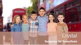  Presentation with street children - PPT layouts having childhood travel tourism friendship and people concept - happy smiling children hugging over london city street background background and a coral colored foreground