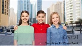  Presentation with street children - Beautiful PPT theme featuring childhood travel tourism friendship and people concept - happy smiling children hugging over dubai city street background backdrop and a teal colored foreground