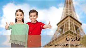  Presentation with eiffel tower - Amazing slide deck having childhood travel tourism gesture and people concept - happy smiling boy and girl hugging and showing thumbs up over paris eiffel tower background backdrop and a coral colored foreground