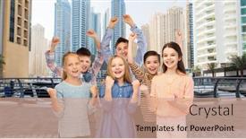  Presentation with street children - PPT theme with childhood travel tourism gesture and people concept - happy children friends raising fists and celebrating victory over dubai city street background background and a coral colored foreground