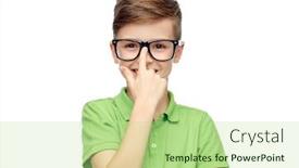  Presentation with polo - PPT layouts consisting of childhood vision school education and people concept - happy smiling boy in green polo t-shirt in eyeglasses background and a mint green colored foreground