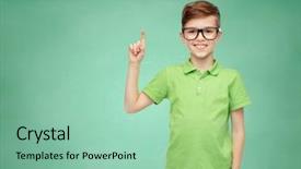  Presentation with chalk board - Colorful presentation design enhanced with childhood vision school education and people concept - happy smiling boy in green polo t-shirt in eyeglasses pointing finger up over green school chalk board background backdrop and a mint green colored foreground