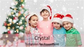  Presentation with snow tree - PPT theme consisting of childhood winter holidays friendship and people concept - group of happy smiling little children in santa hats hugging over christmas tree and snow background and a lemonade colored foreground
