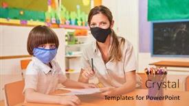  Presentation with face mask - Cool new slide deck with childminder-and-child-with-face backdrop and a coral colored foreground