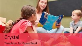  Presentation with children reading - Amazing PPT theme having childminder and children reading backdrop and a red colored foreground
