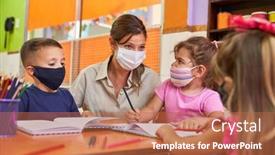  Presentation with face mask - Colorful slide set enhanced with childminder-and-children-with-face backdrop and a coral colored foreground
