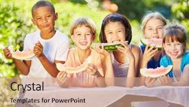  Presentation with healthy eating - PPT theme with childrean eating healthy melon background and a coral colored foreground