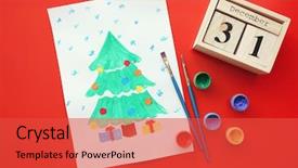  Presentation with child tree - PPT theme enhanced with calendar children - child's painting of christmas tree background and a red colored foreground