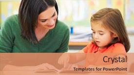  Presentation with elementary children - Colorful presentation design enhanced with children - elementary pupil reading with teacher backdrop and a coral colored foreground