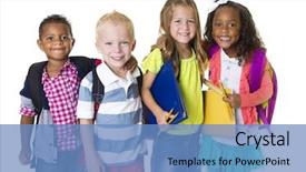  Presentation with school children - Colorful slide deck enhanced with children - elementary school kids group isolated backdrop and a teal colored foreground