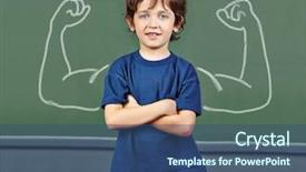  Presentation with school children - Beautiful PPT layouts featuring children - strong child with muscles drawn backdrop and a ocean colored foreground