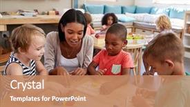  Presentation with shapes - Slides having children - teacher and pupils using wooden background and a coral colored foreground