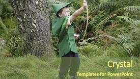  Presentation with small european robin erithacus rubecula - Presentation theme featuring dressed up as robin hood background and a tawny brown colored foreground