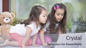  Presentation with two cute sisters playing - Slide deck with children ages - cute little sisters using laptop background and a  colored foreground