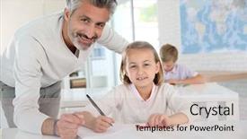  Presentation with golden 50th class reunion - PPT theme with children ages - teacher with schoolgirl in class background and a  colored foreground