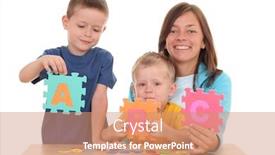  Presentation with white letters - PPT theme having children and mother playing with letters isolated on white background and a coral colored foreground