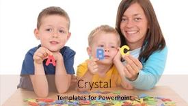  Presentation with white letters - Cool new presentation design with children and mother playing with letters isolated on white backdrop and a coral colored foreground