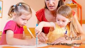  Presentation with play children - Colorful slide set enhanced with children-and-play-school-teacher backdrop and a coral colored foreground