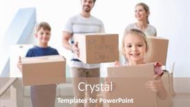  Presentation with children parents - Cool new presentation theme with children and their parents with moving boxes at home backdrop and a coral colored foreground
