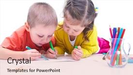  Presentation with children painting - Colorful slide set enhanced with children are laying on the floor and painting pencils backdrop and a coral colored foreground