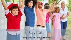  Presentation with talent - Colorful PPT theme enhanced with children-as-a-theater-group backdrop and a light blue colored foreground