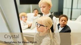  Presentation with development - Presentation theme consisting of children-as-business-people-work background and a coral colored foreground