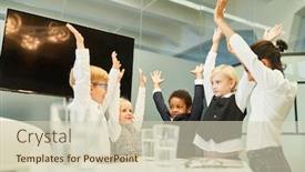  Presentation with stretch - Cool new slides with children-as-business-people backdrop and a soft green colored foreground