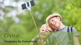  Presentation with hiking - PPT layouts enhanced with children as friends take a selfie with a smartphone on the selfie stick while hiking background and a seafoam green colored foreground