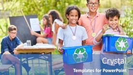  Presentation with ecology - Colorful slide deck enhanced with children-as-proud-environmentalists backdrop and a teal colored foreground