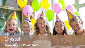  Presentation with children birthday - Presentation theme featuring children at a birthday party at home background and a coral colored foreground