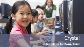  Presentation with teacher - Slides featuring children at computer terminals background and a gray colored foreground