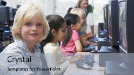  Presentation with teacher - Slide set consisting of children at computer terminals background and a light blue colored foreground