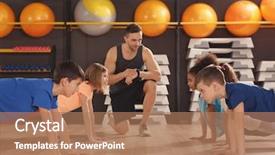  Presentation with physical education - Presentation theme having children at physical education lesson background and a coral colored foreground