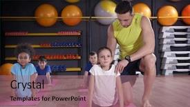  Presentation with physical education - Presentation theme having children at physical education lesson background and a coral colored foreground