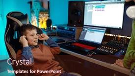  Presentation with study children village - PPT layouts having children-at-recording-studio-boy background and a tawny brown colored foreground