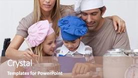  Presentation with baking cookies - PPT theme featuring children baking cookies with their parents in the kitchen background and a coral colored foreground