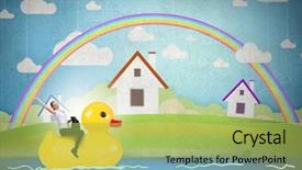  Presentation with rubber duck - Amazing PPT theme having children bath - young happy businesswoman riding yellow backdrop and a  colored foreground